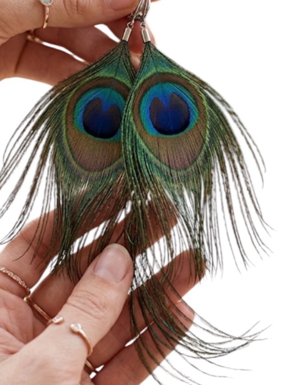 Peacock Feather Statement Dangle Earrings 5.5” Long Boho Festival - Picture 4 of 5